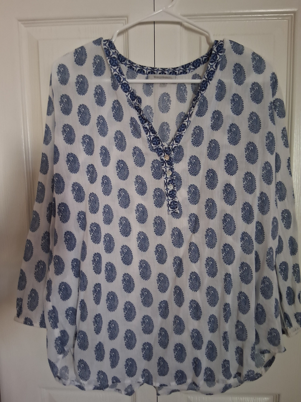 Cost Plus World Market Blue and White Printed V-Neck Tunic